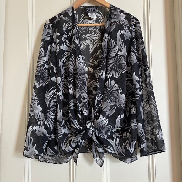 Alex Evenings Two Piece Top & Jacket 1X Black Floral Metallic Thread Detailing - Picture 7 of 10